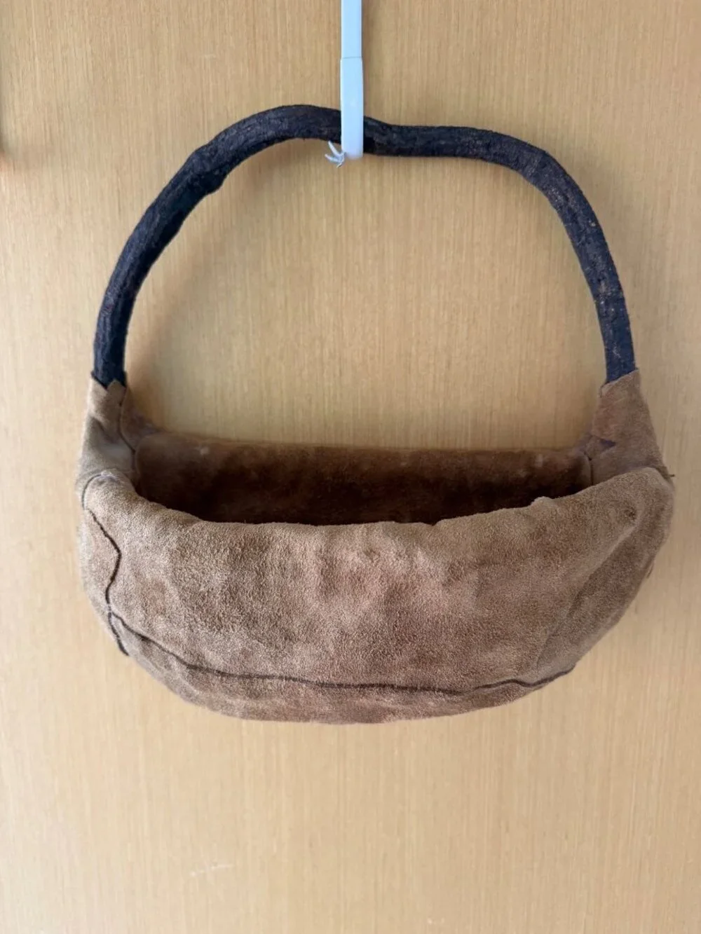 Vintage Handmade Bent Wood Suede Covered Wall Basket Brown Hobo Artist Signed